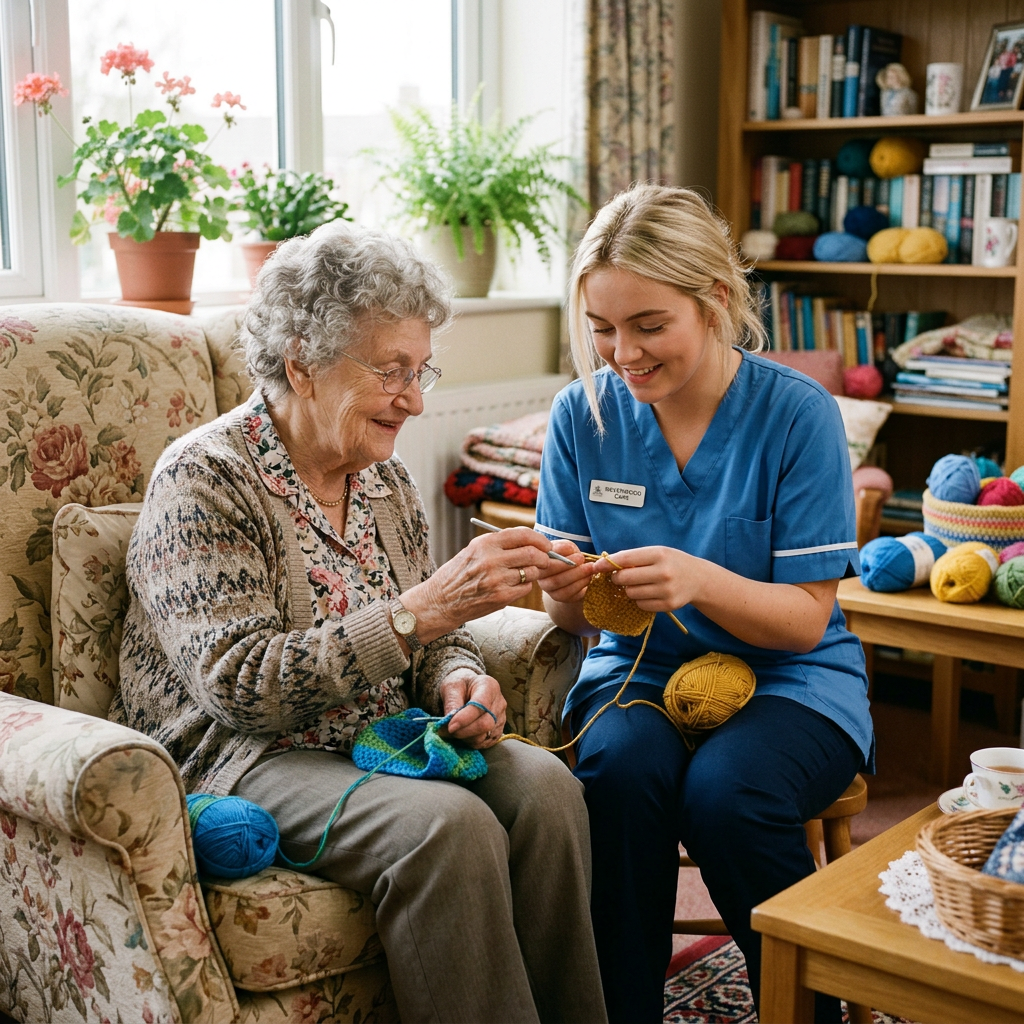 Elderly woman and caregiver knitting together in a living room