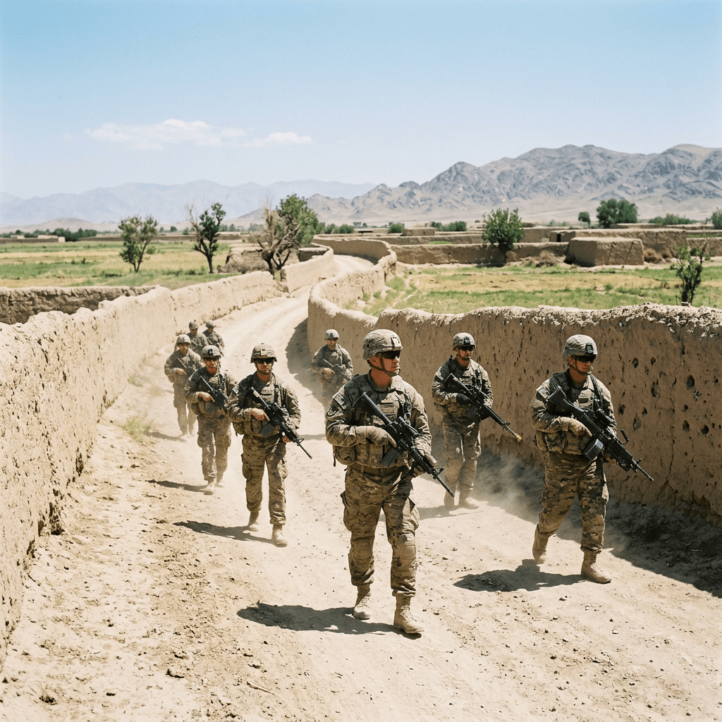 Soldiers patrolling a dirt path flanked by mud walls in a desert landscape