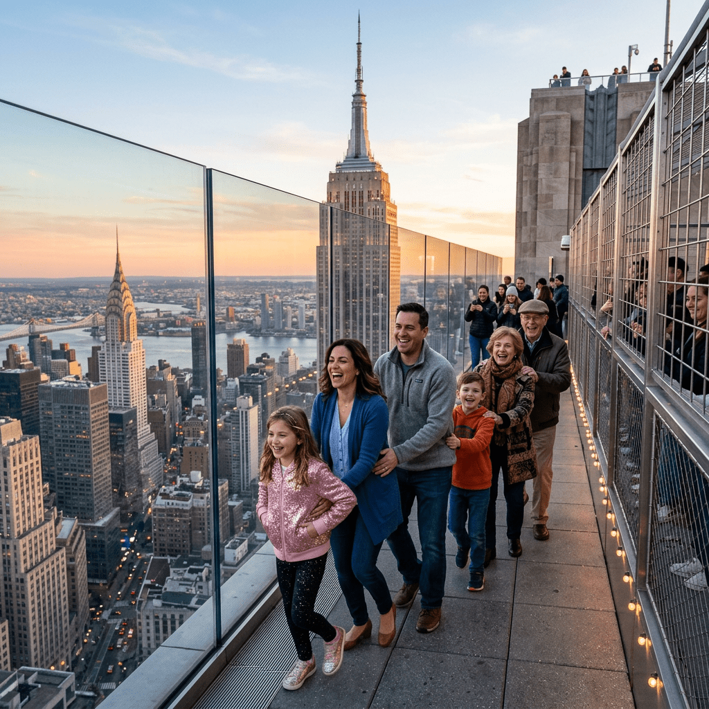 Family in a conga line on a high rooftop in New York City with Empire State Building and Chrysler Building visible