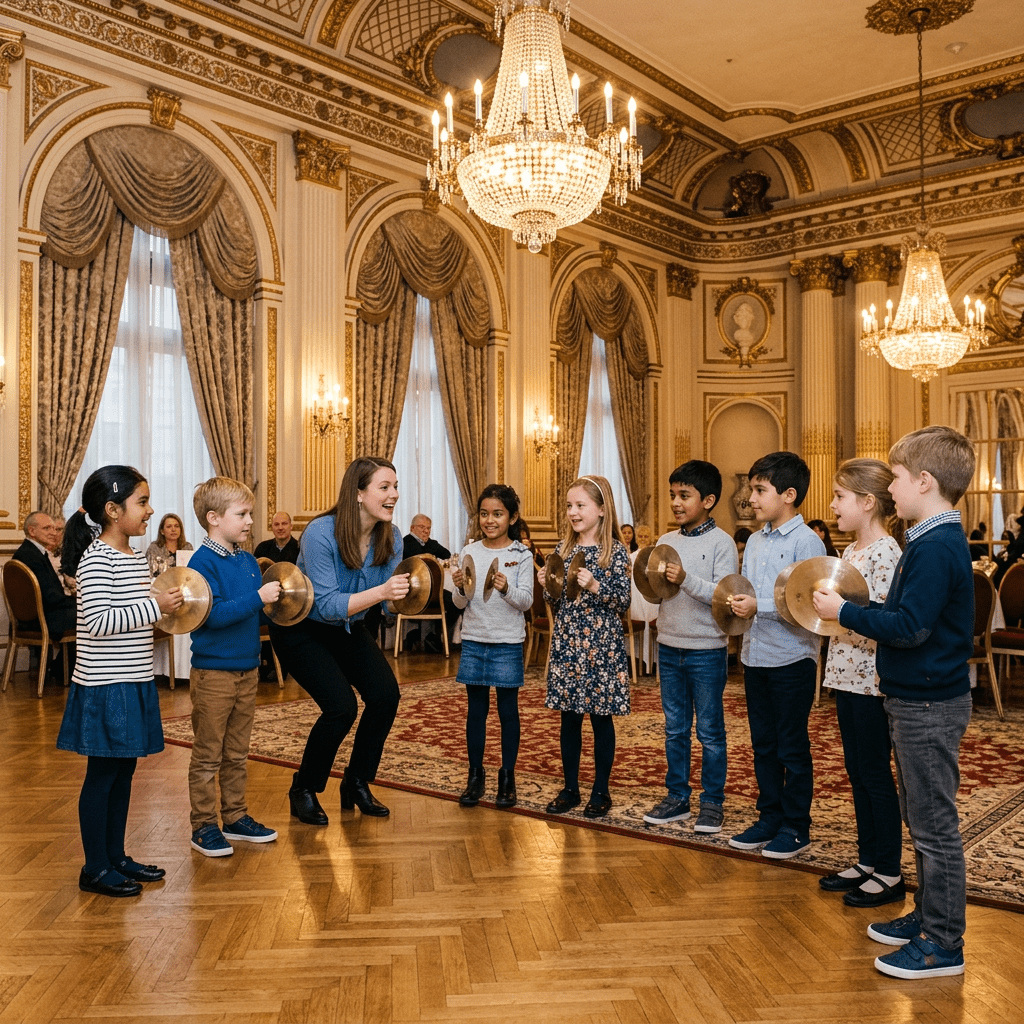 Children and an adult playing cymbals in an ornate, chandelier-lit room