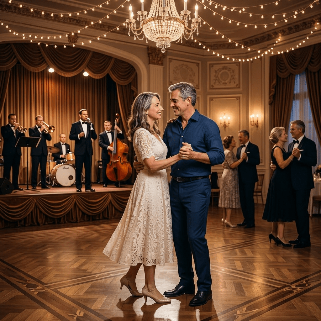 Couple dancing barefoot on wooden floor under string lights at night