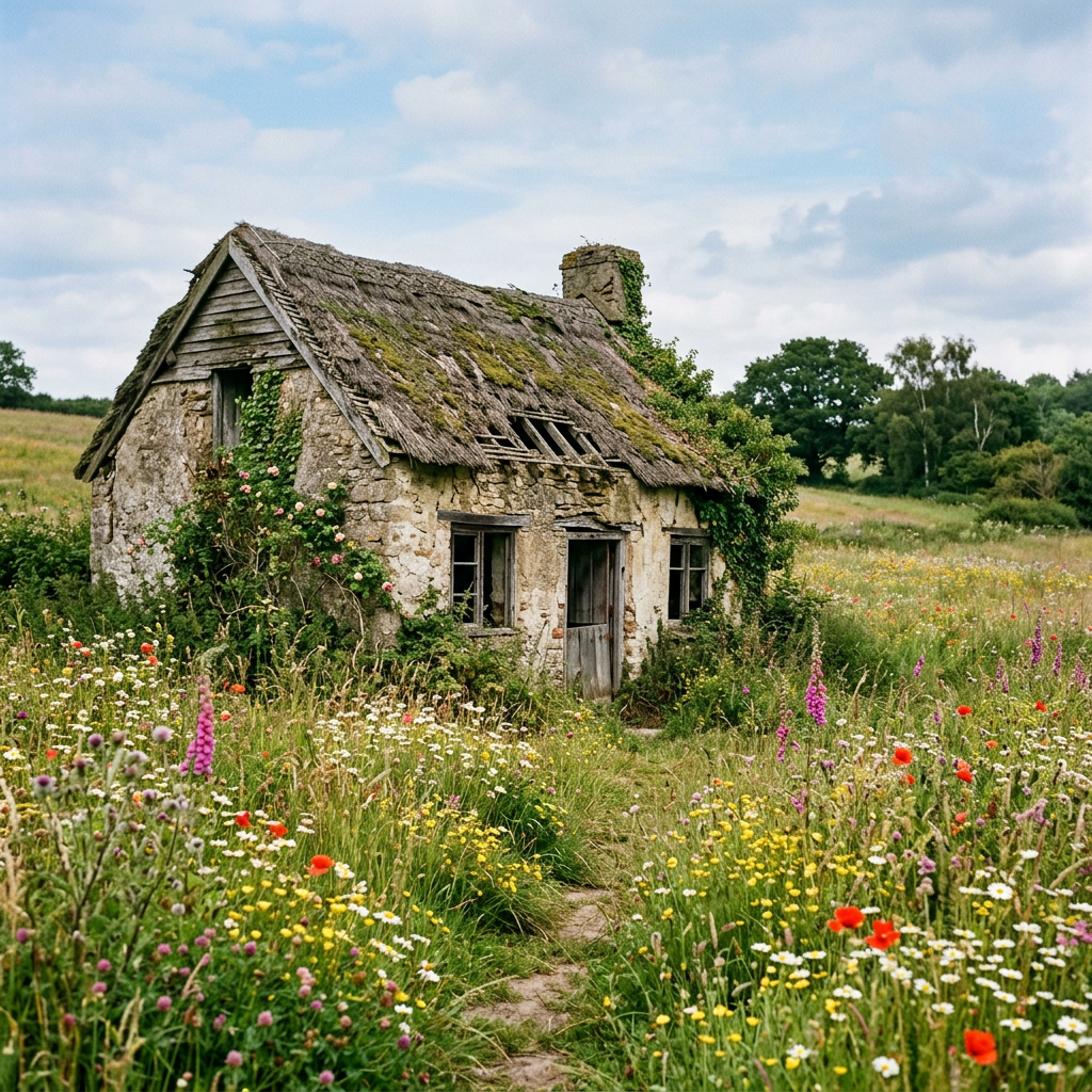 Weathered stone cottage with mossy thatched roof amidst colorful wildflowers
