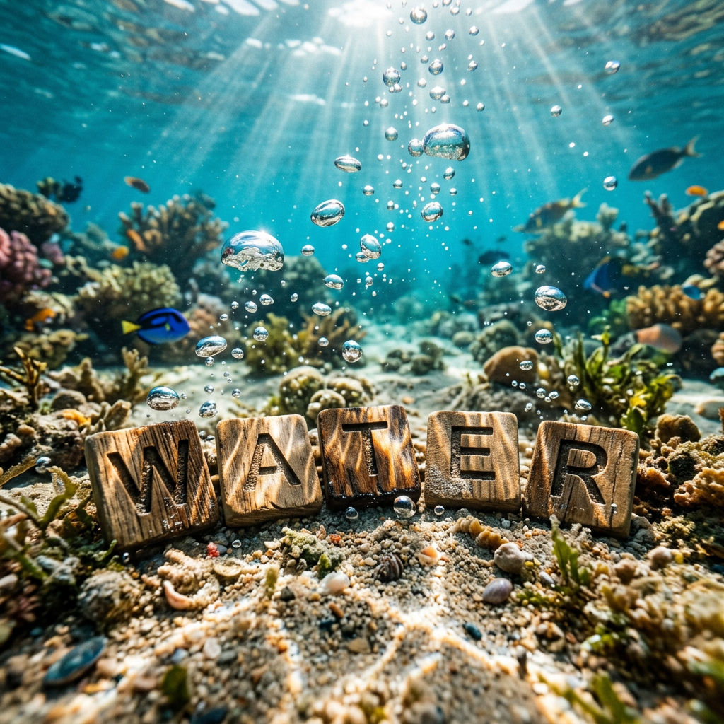 Wooden blocks spelling WATER on sandy coral reef seabed with rising air bubbles