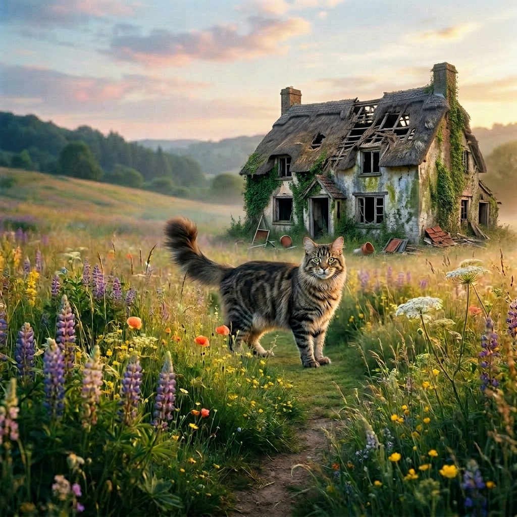 Lynx standing on a dirt path in a wildflower meadow with a cottage in the background