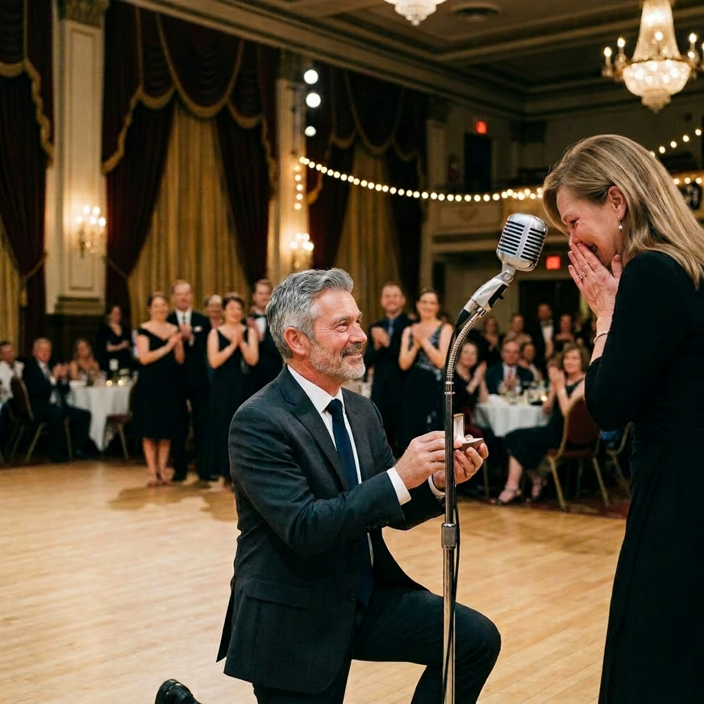Man kneeling with ring box proposing to woman covering her face with hands while guests applaud
