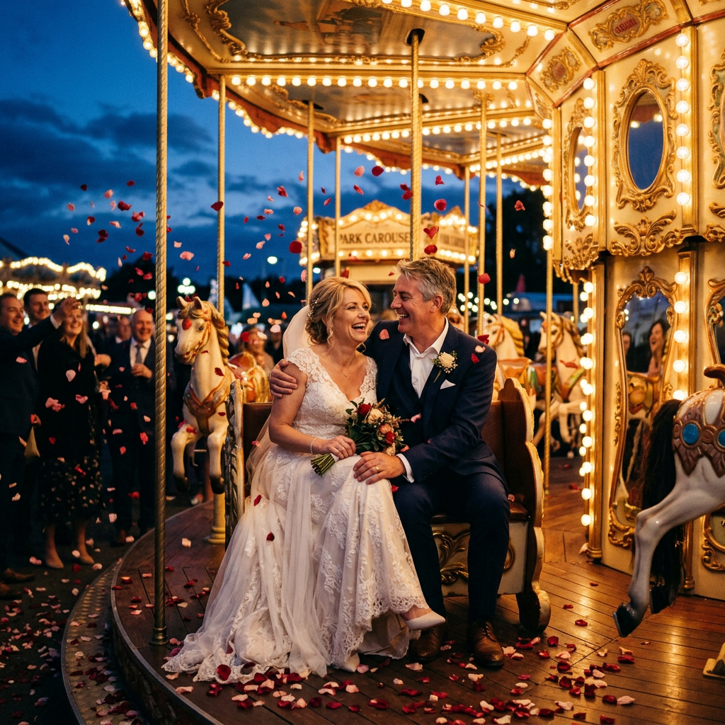 Newlywed couple sitting on a carousel seat smiling as rose petals fall around them