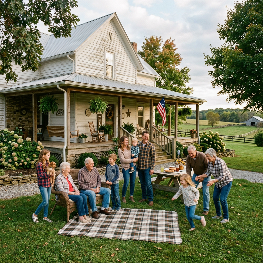 Family of various ages gathered on lawn outside farmhouse with picnic blanket