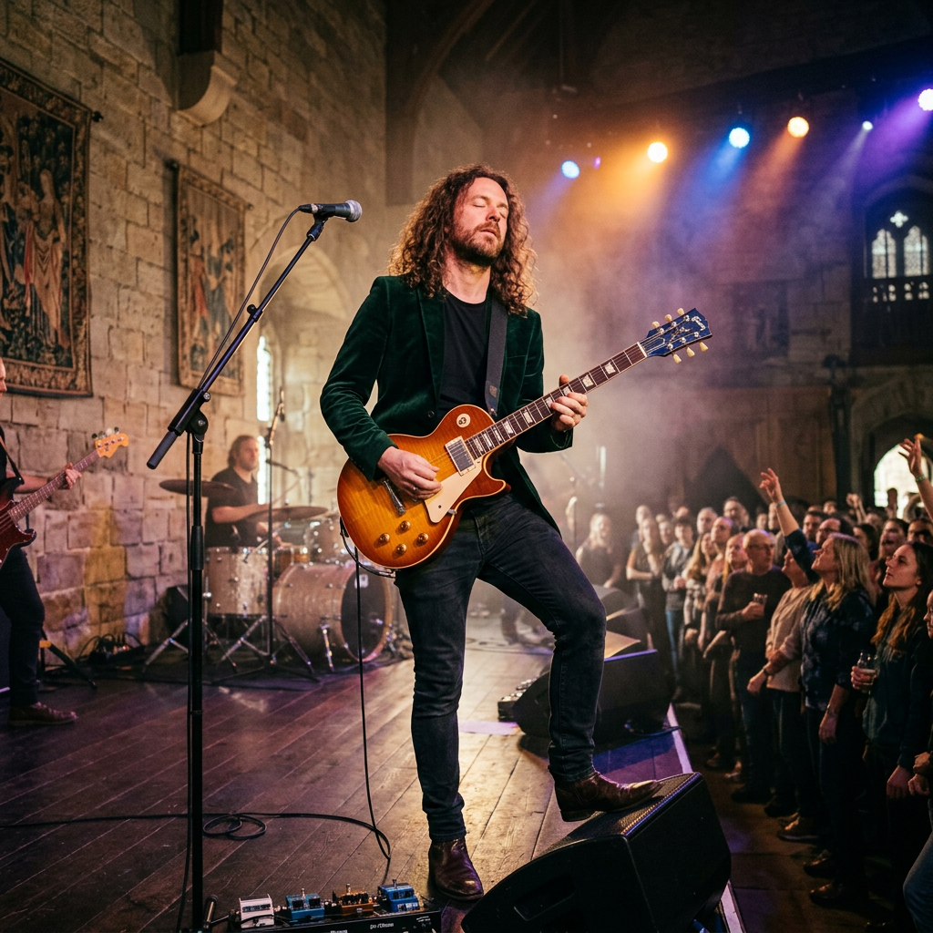 Guitarist playing electric guitar on stage with band and audience in historic indoor venue