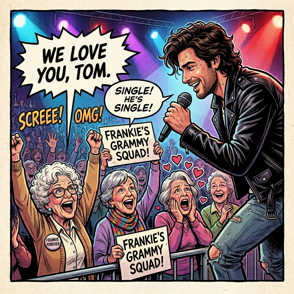 Male singer performing on stage while excited elderly fans cheer and hold signs