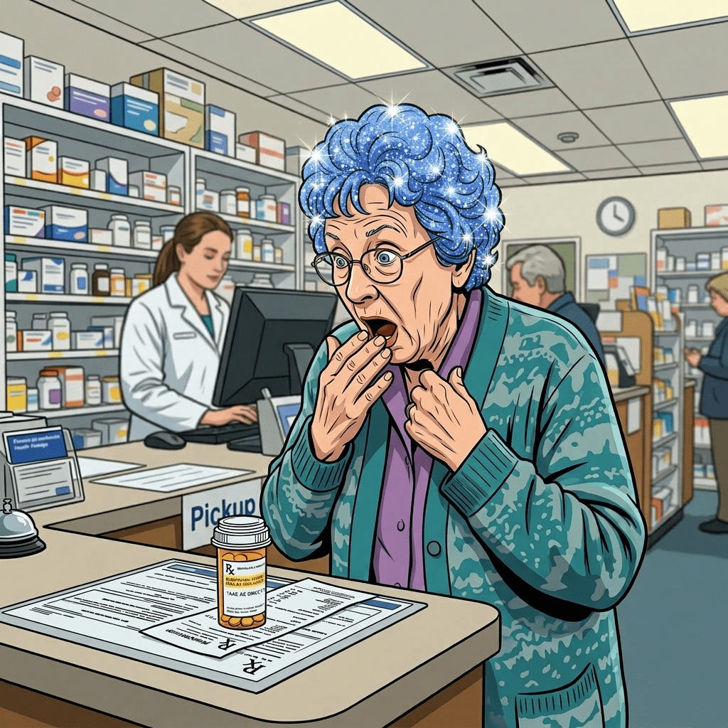 Elderly woman looking shocked at a prescription pill bottle on a pharmacy counter
