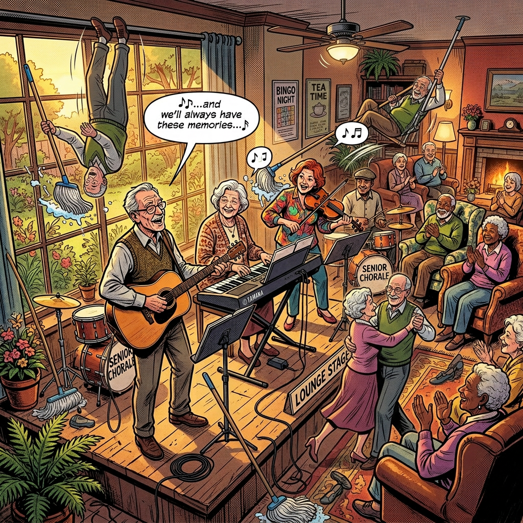 Senior musicians playing guitar, keyboard, and violin on lounge stage with audience clapping