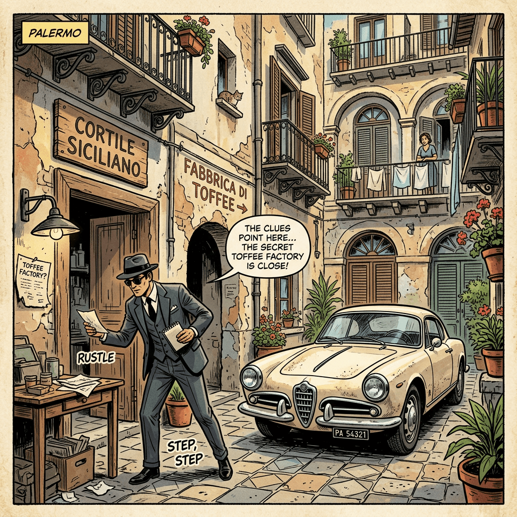Sicilian courtyard, suited figure, vintage car, Toffee factory search